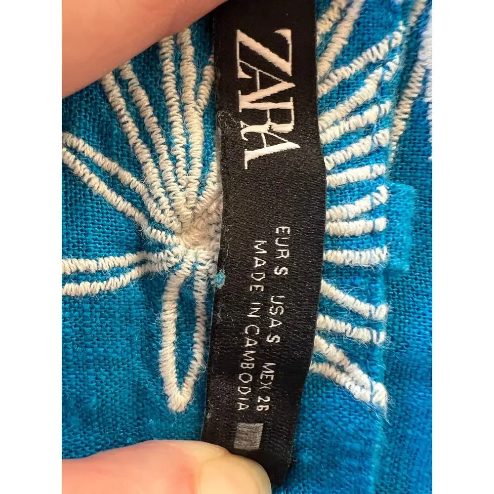 Zara Embroidered Tropical Wide Leg Pants Women's XS Blue
